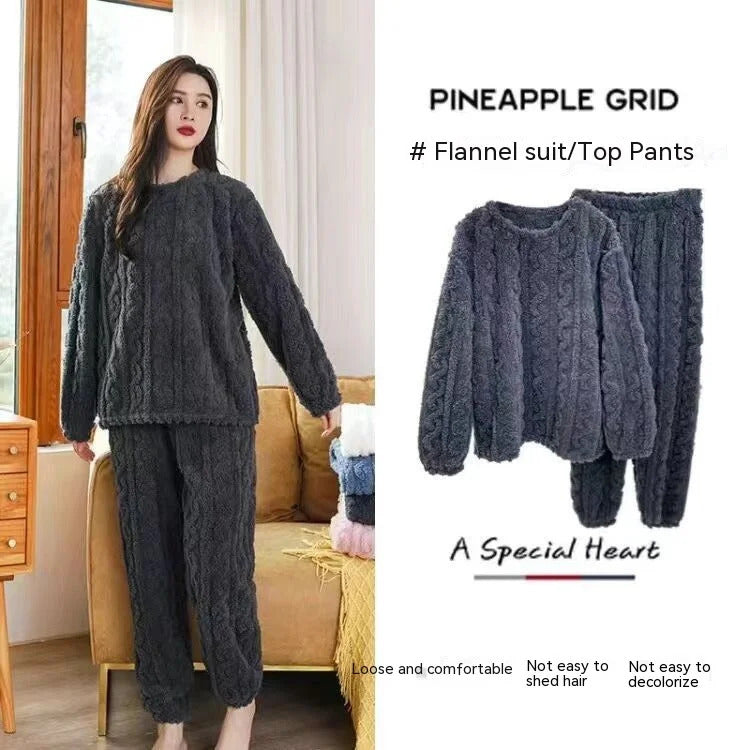 Thickened Warm Autumn and Winter Flannel Pajamas Women Long-Sleeved Solid Striped Homewear Black Plus Size School Loungewear