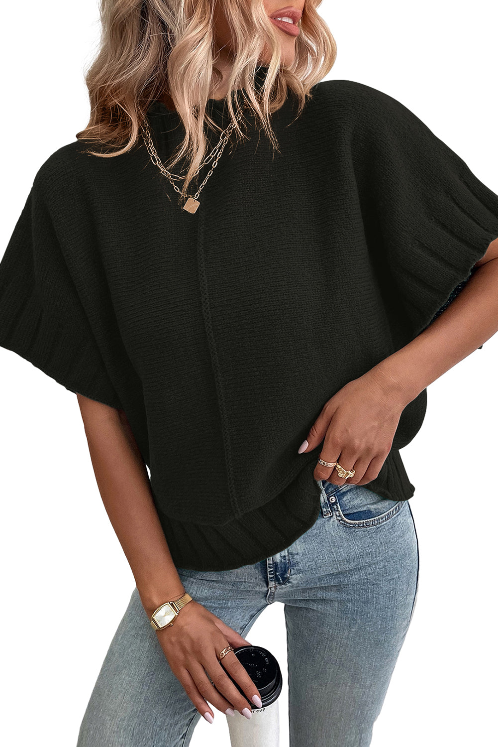 Black Mock Neck Batwing Short Sleeve Knit Sweater