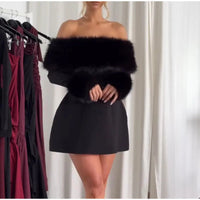 2024 Winter Black Strapless Fluff Sexy Dress For Women's Robes Elegant Evening Party Dress Bodycon Mini Autumn Dresses Vestidos