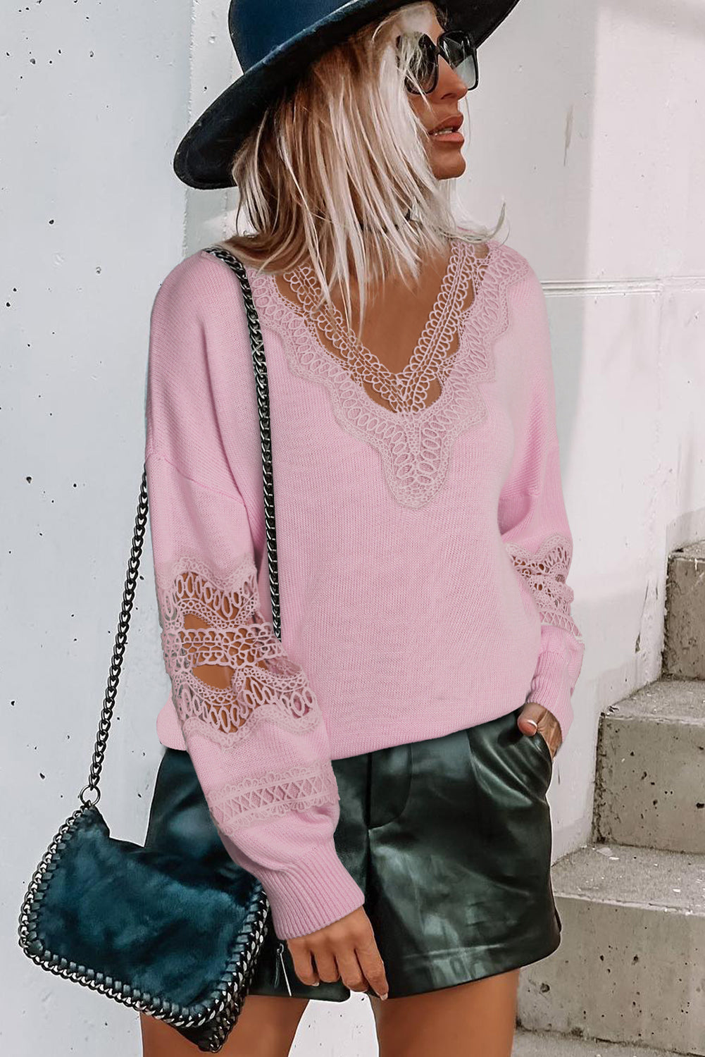 Pink Hollowed Lace Splicing V Neck Loose Sweater