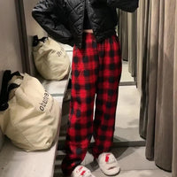 Padded Thickened Wide Leg Pants Winter LambswoolPlaid Pants Female High Waist Casual Straight Pants