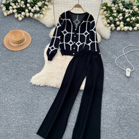 SINGREINY Basics Print Knit Two Pieces Sets Autumn Winter Single Breasted Cardigan+Wide Leg Long Pants Fashion Streetwear Suits