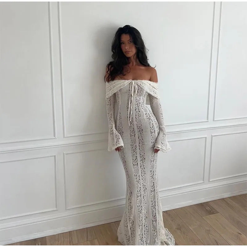 White Floral Lace Off-shoulder Maxi Dress For Women Elegant Strapless Backless Long Sleeve Bodycon Robes 2024 Lady Party Dresses