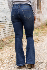 Dark Washed Distressed Flare Bottom Jeans