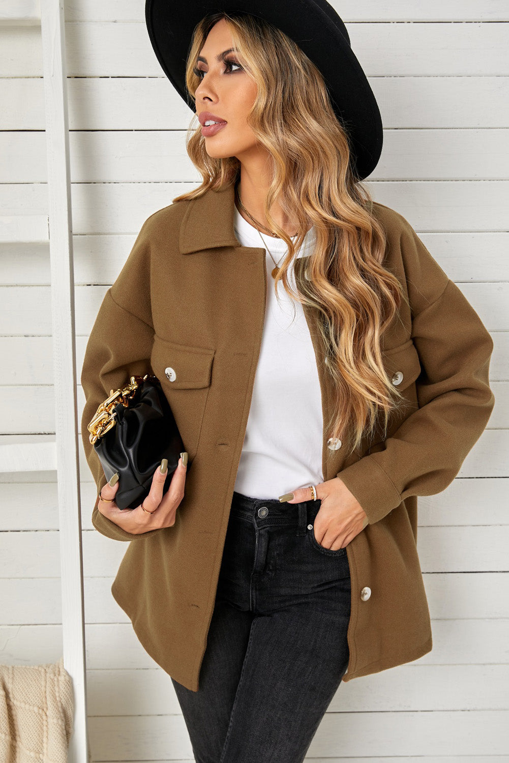 Brown Turn Down Collar Buttoned Baggy Coat with Pocket