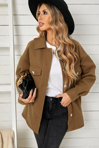 Brown Turn Down Collar Buttoned Baggy Coat with Pocket