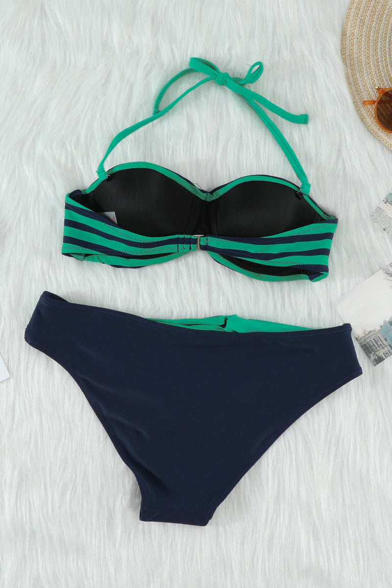 Green Halter Bandeau Striped Bikini