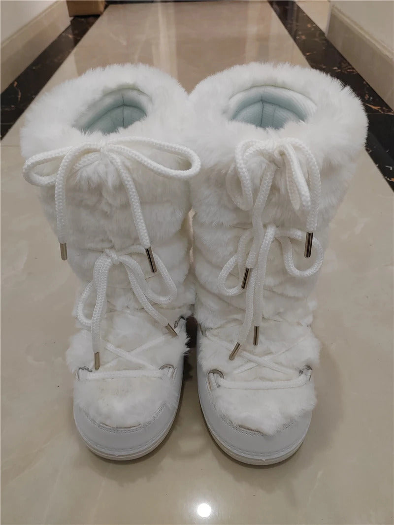 Fluffy Fur Boots 2024 Winter Fashion Sexy Faux Fox Fur Snow Boots Ladies Furry Warm Cotton Boots Female Outdoor Ski Boots