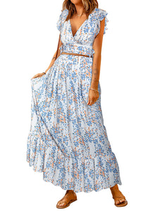 Women's Floral Ruffled Crop Top and Maxi Skirt Set for Fashionable and Fresh Style