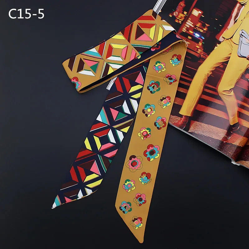 2024 Spring Border New Geometric Diamond Small Flowers Women's Decorative Small Silk Scarf Bundle Bag Handle Ribbon Small Scarf