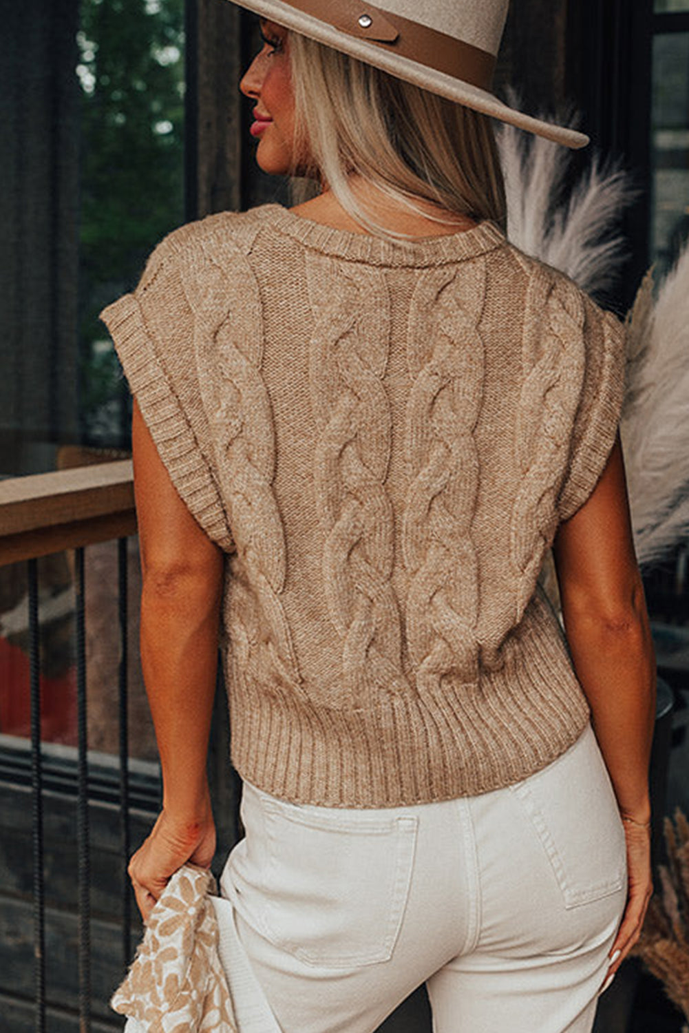 Light French Beige Cap Sleeve Cable Knit Sweater