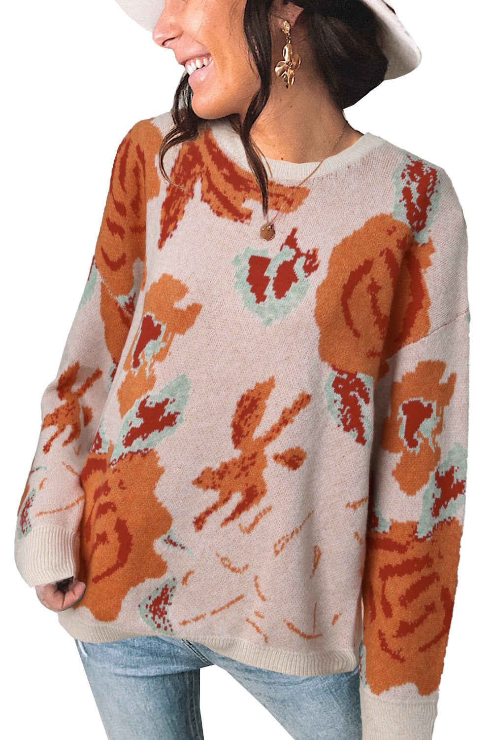 Floral Pattern Drop Shoulder Crew Neck Sweater