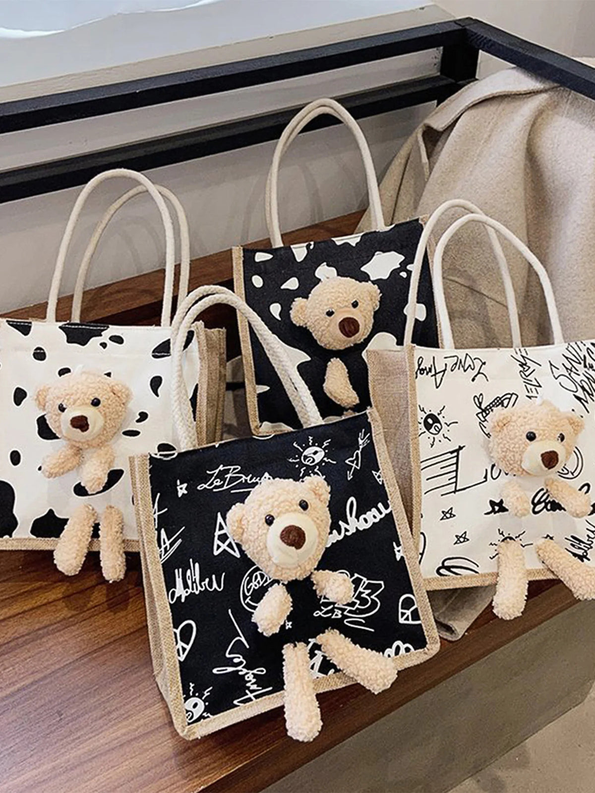 Cute Bear Tote Bag Canvas Girls Bag Student Coin Purse Gift Bag Simple Fashion Canvas Bag Canvas Bag Hand Shopping Tote Bag-ll