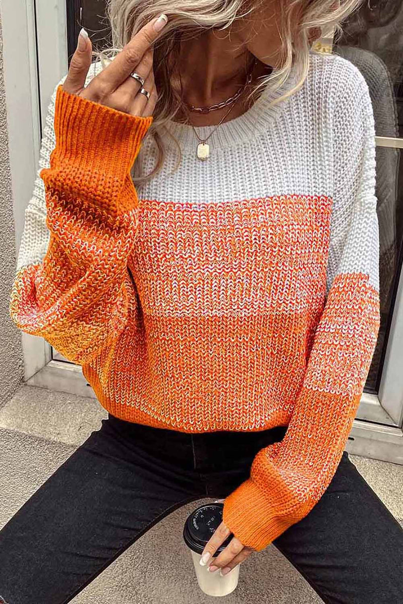 Orange Color Block Drop Shoulder Ribbed Trim Sweater