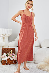 Red Clay Pleated Spaghetti Strap Loose Fit Lounge Long Dress