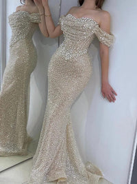 Luxury Evening Dress Off the Shoulder Sweetheart Pearls Mermaid Evening Gowns Long Champagne Ivory Formal Party Dress for Woman