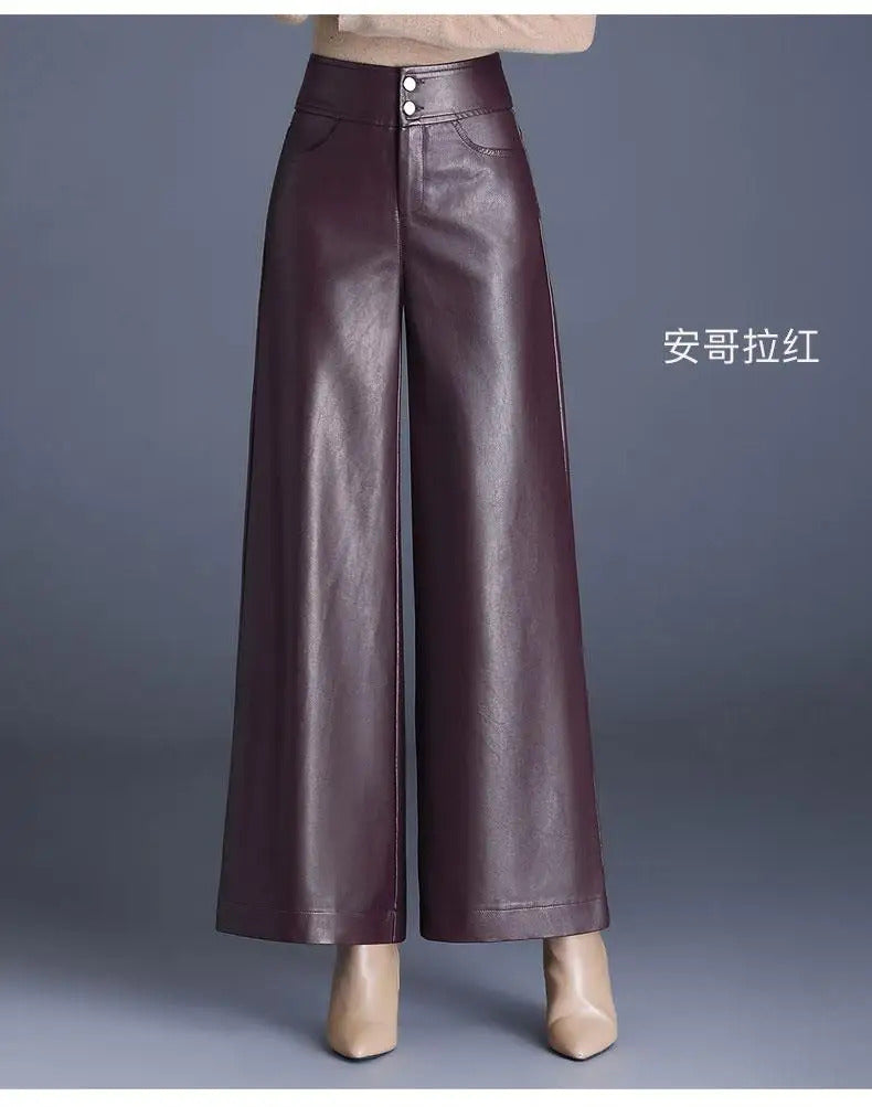 ZUZK High Quality Women PU Leather Wed Leg Pants  Autumn Winter Fashion Warm Long Leather Pants Elegant LeatherTrousers