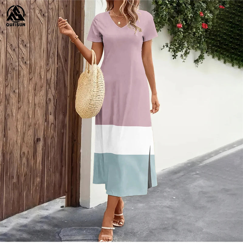 2024 New Women's Dresses Graphic Print Elegant Midi Dresses Female Short Sleeve Dress Fashion Oversized Clothes Summer