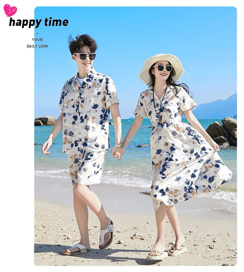 2024 Summer Holiday Family Vacation Look Clothes Dad and Son Shirts Two Piece Outfits Sets Mom and Daughter Short Sleeve Dress