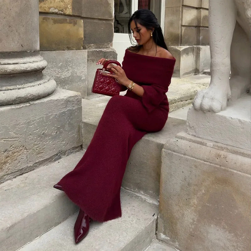 Women Burgundy Knitted Long Sweater Fashion Off-the-shoulder Pullover Long Dress Fall Winter Female Party Commuter Outfit