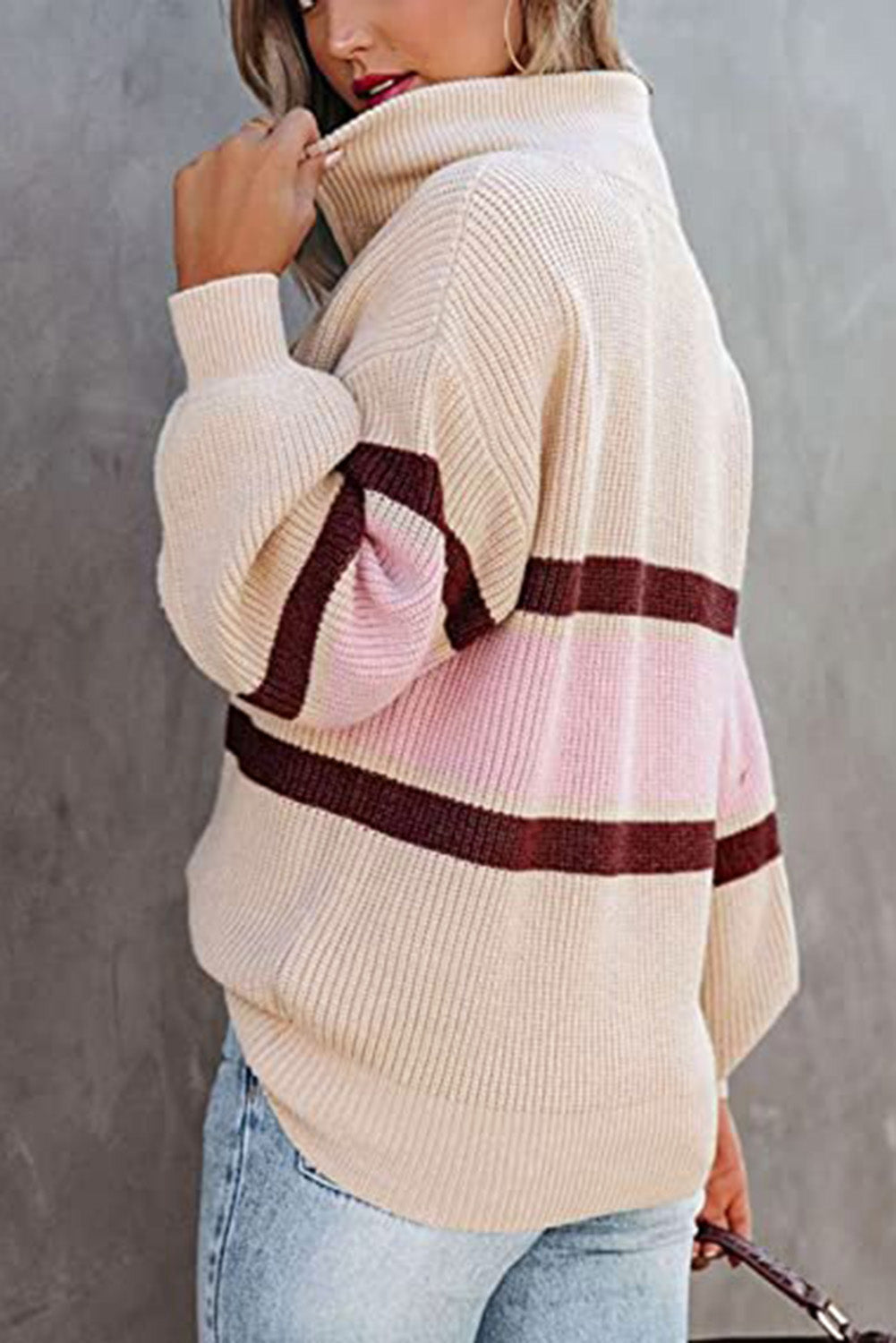 Apricot Striped Color Block Knit Zip Collared Sweater