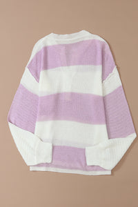 Pink Striped Knit Button Ribbed Split Neck Sweater