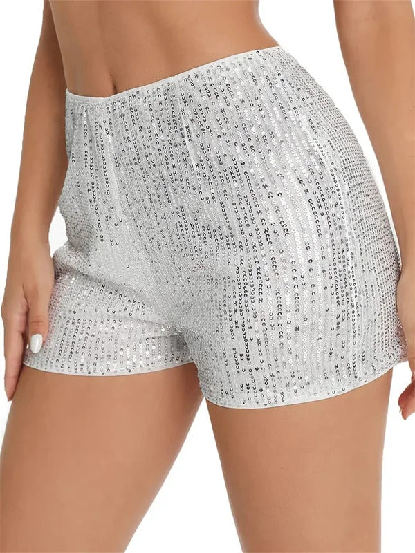 Women Sequin Shorts Elastic High Waist Sparkly Glitter Straight Short Pants Sexy Club Hot Pants Summer Streetwear