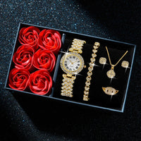 Fashion Luxury Women Gold Watch Bracelet Necklace 6Pcs Set Ladies Diamond Quartz Wristwatch Valentine's Day Mother's Day Gift