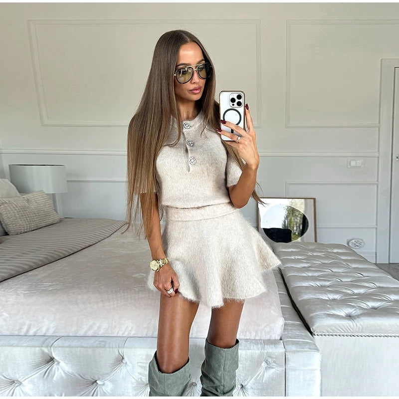 2024 Elegant Solid High Waist Cashmere Skirt 2 Piece Set Women Fashion Buttons Short Sleeve O-neck Pullover Suit Lady Partywear