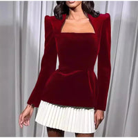 Christmas Red Velvet Gathered Corsetry-inspired Dress Women Chic A-line Pleated Party Dresses 2024 Lady Wedding Evening Vestidos