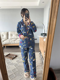 100% Cotton Pajamas for Women Loose Cartoon Long Sleeve Pants Loungewear Women 2 Piece Set Pj Women Outfit Sleepwear Set Pijamas