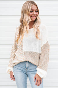 Oatmeal Mixed Pattern Knit Tie Keyhole Drop Shoulder Sweater