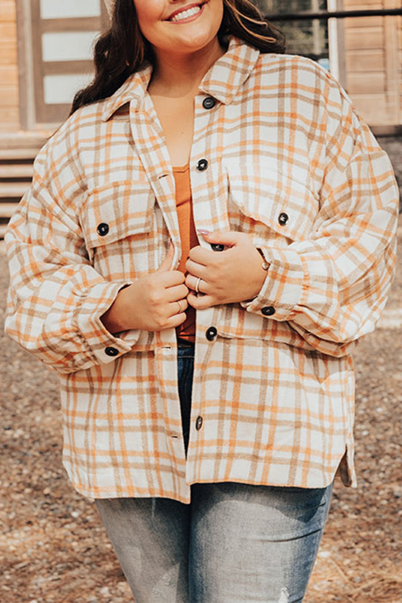 Khaki Plus Size Plaid Jacket with Flap Pockets