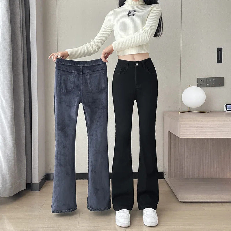 2023 Fashion New Women Warm Plush Flared Jeans Thermal Fleece Loose Denim Pants Female High Waist Urban Straight Flare Trouser