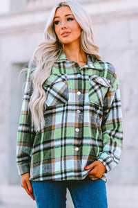 Blue Geometric Plaid Print Pocketed Shacket