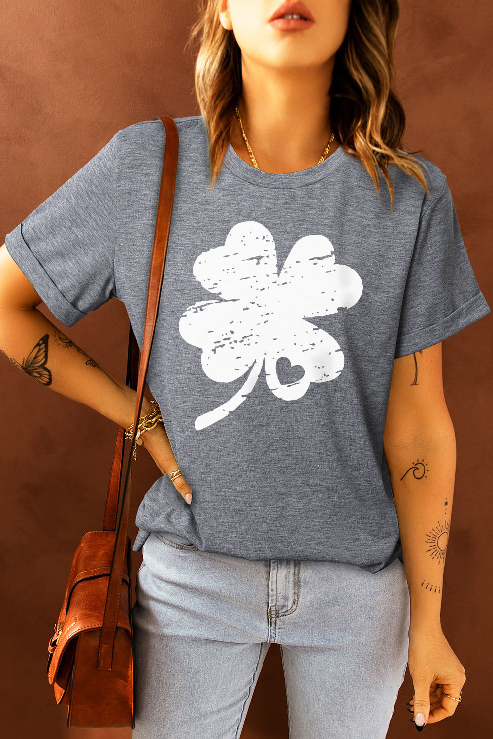 Gray St Patrick Shamrock Graphic Print Tee