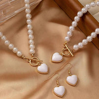 3 PCS Set Pearl Effected Rose Charm Imitation Pearl Necklace Bracelet Earring Stud Set Heart Pendant Necklace Jewelry Set Gift