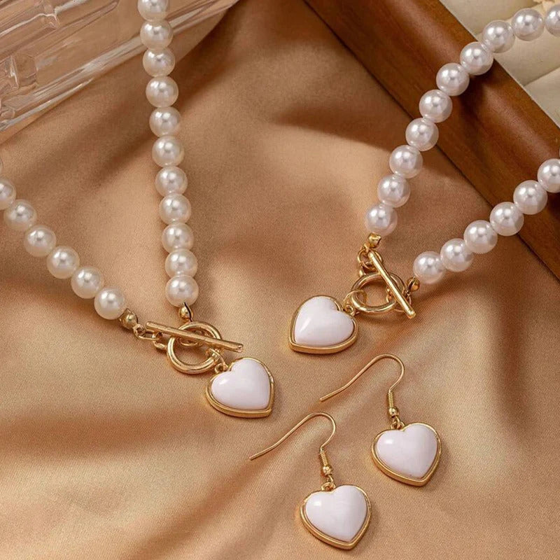 3 PCS Set Pearl Effected Rose Charm Imitation Pearl Necklace Bracelet Earring Stud Set Heart Pendant Necklace Jewelry Set Gift