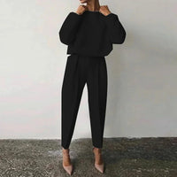 Loose Solid Top Pants Set Women Casual O-neck Full Sleeve Pullover Pleated Long Trousers 2025 New Female Chic 2 Piece Outfits