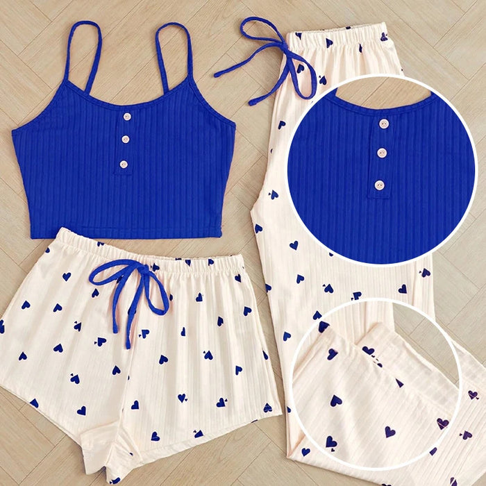 Three Piece Printed Vest Shorts and Bow Drawstring Pants Casual Women's Cute Heart-Shaped Print Paired with Home Pajamas Set