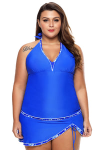 Contrast Trim Royal Blue Halter Tankini Skort Swimsuit