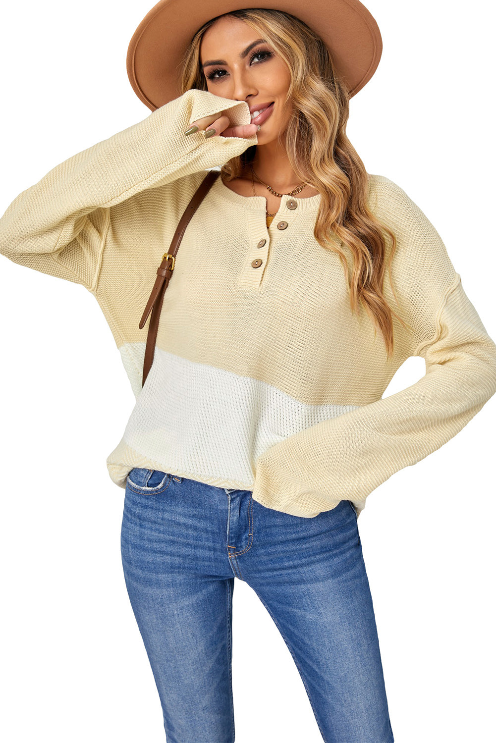 Brown Splicing Buttoned Knitted Long Sleeve Sweater