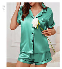 Summer Silk Satin Women Pajamas Set Button Down Top & Shorts 2 Pieces Sleepwear Notched Collar Nightwear Loungewear for Women