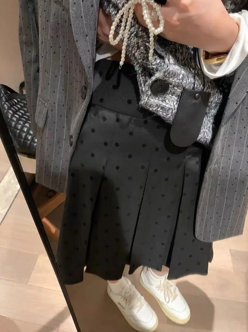 Factory Price Retro Wear Two Sides Wear Pleated Polka-dot Skirt Women 2024 Fall/winter New Fashion Gray A-line Skirt