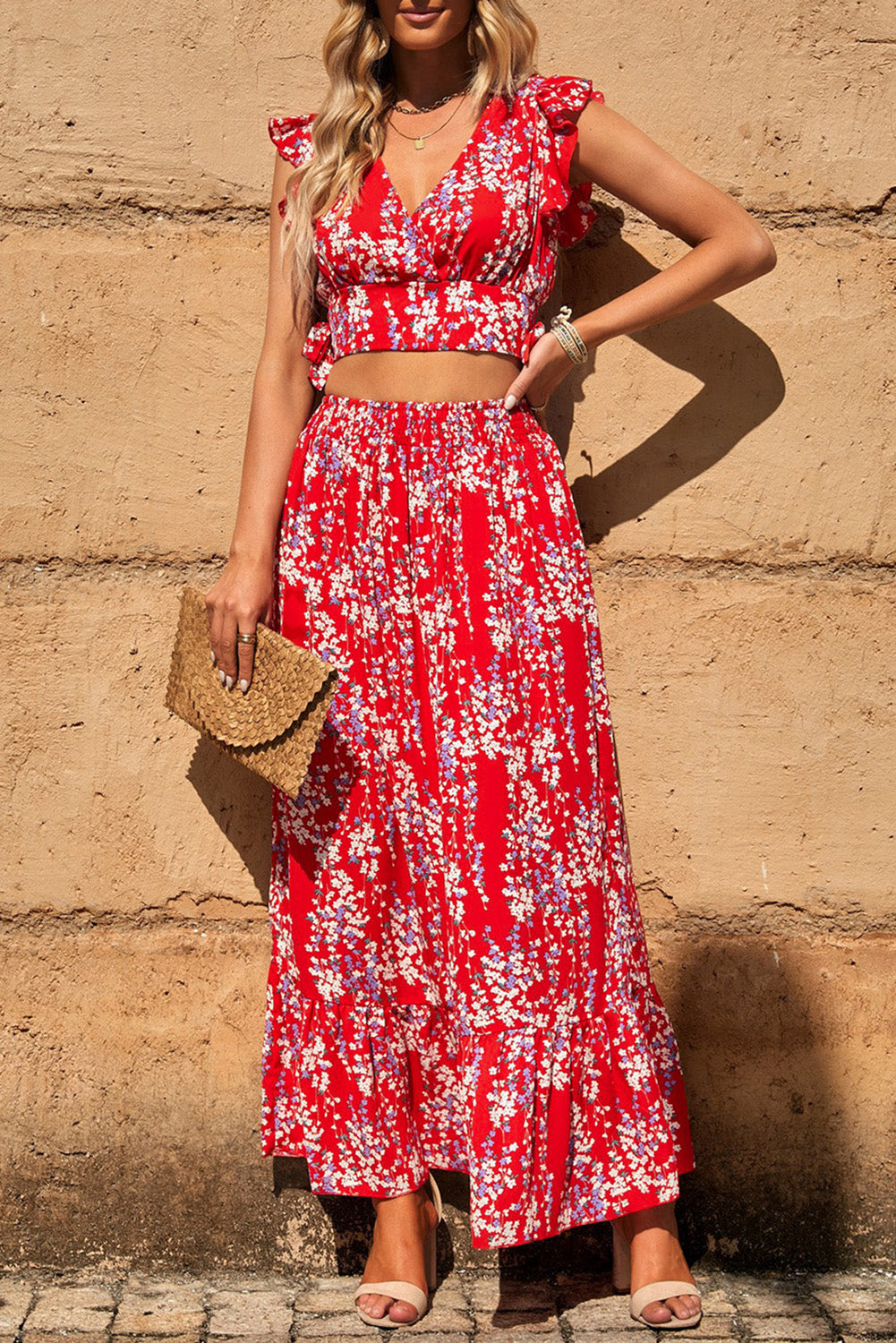 Women's Floral Ruffled Crop Top and Maxi Skirt Set for Fashionable and Fresh Style