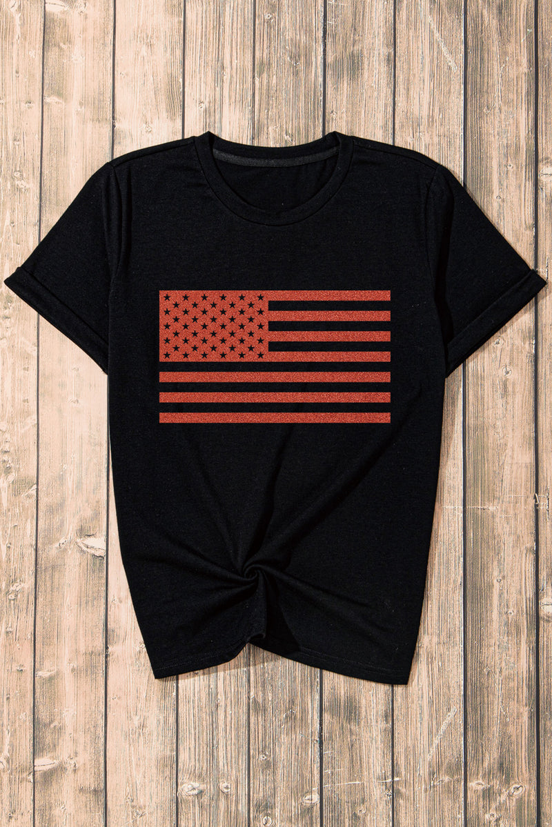 Black Glitter American Flag Round Neck Graphic T Shirt