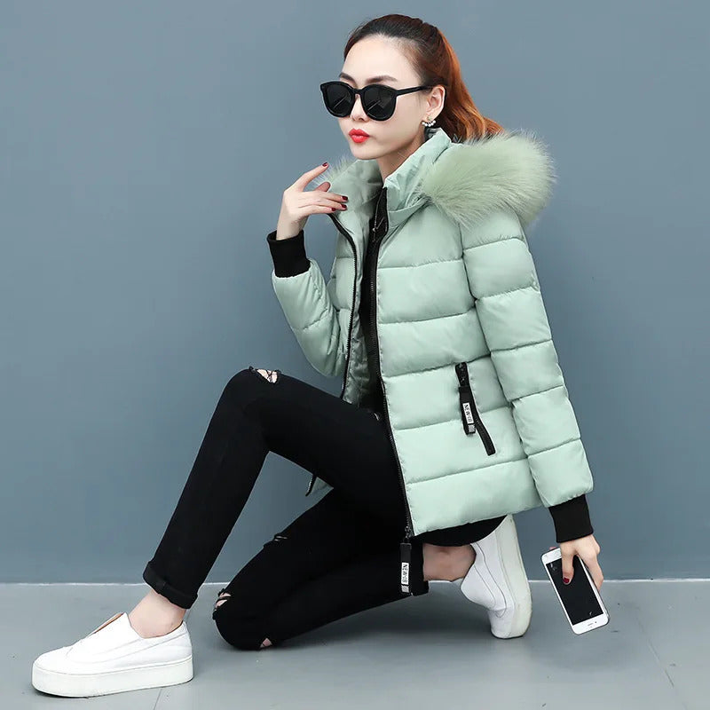 Zipper Fur Hooded Short Down Cotton Jacket Thickened Coat Fall Winter Casual Elegant Long Sleeve Warm Pockets Women Clothing New