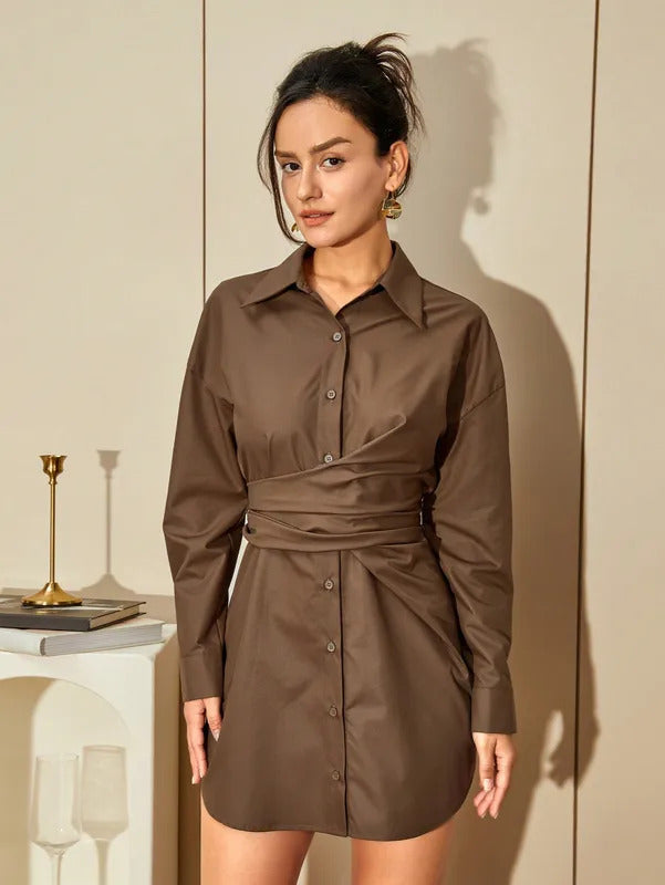 AEL Lady 2024 fall mid-skirt women's commuter long-sleeved lapel design sense of cross drop pleated waist shirtdress