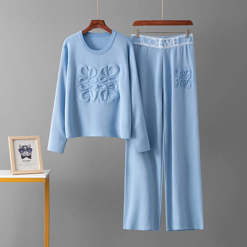 Letter Print Indentation Round Neck Long Sleeved Knitted Sweater Pullover Casual Wide Leg Pants Two-piece Set Women's Pants Set