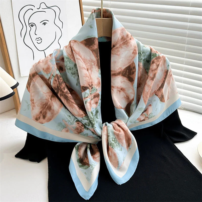 90*90Cm Square Scarf Twill Silk Feeling Women Head Shawls and Wraps Luxury Hair Tree Print Neck Scarves Hijab Bandana Pashmina